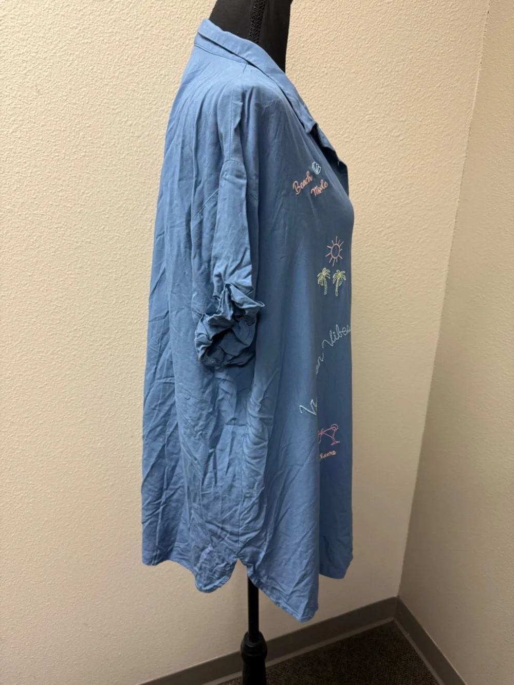Jasmine Ginger Blue Embroidered Beach Button Shirt Tropical Top Large - Picture 8 of 11